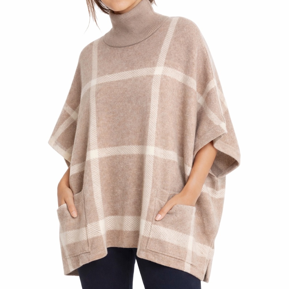 Ann Taylor Wool Blend Turtleneck Poncho Sweater | Beige Plaid | XS/S minimalist